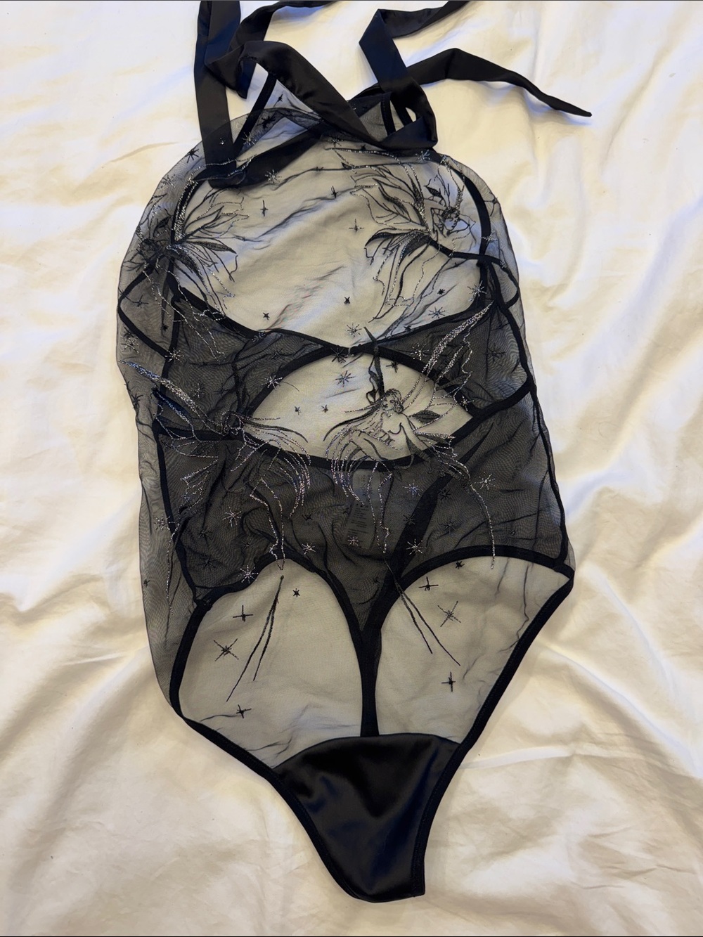 Thistle and Spire Black Sheer Embroidered Halter Bodysuit
